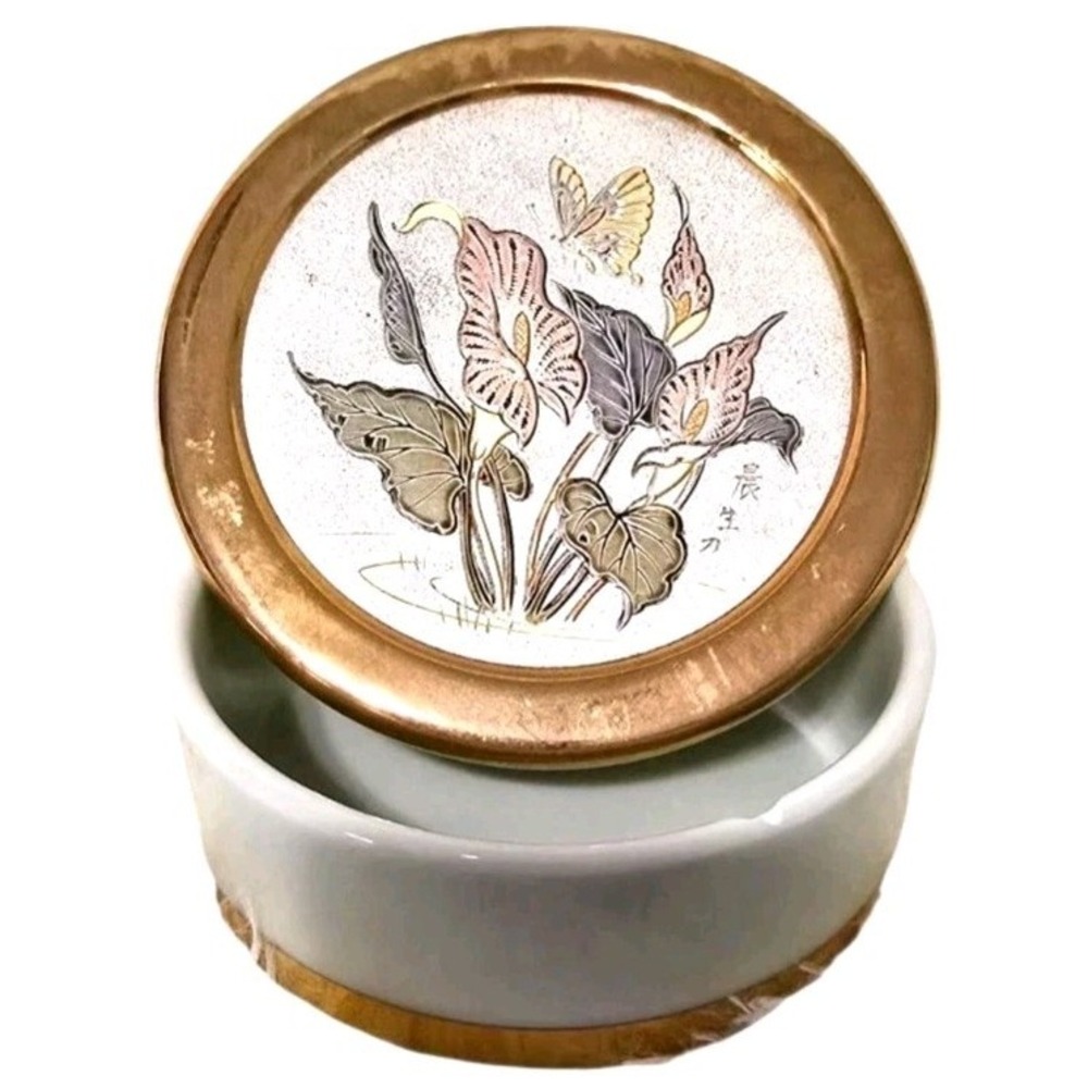 3.5" Porcelain Chokin Like Gold‎ Edged Japan Tinket Lily Floral Jewelry Box